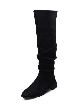 Casual Slouchy Tan Knee-High Low Heel Suede Boots - Image 10