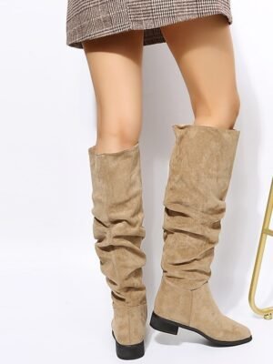 Casual Slouchy Tan Knee-High Low Heel Suede Boots - Image 3