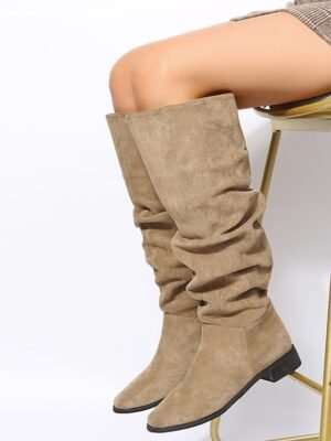 Casual Slouchy Tan Knee-High Low Heel Suede Boots - Image 5
