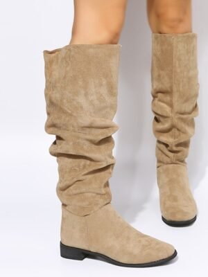 Casual Slouchy Tan Knee-High Low Heel Suede Boots - Image 6