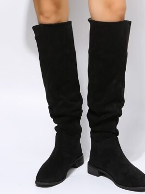 Casual Slouchy Tan Knee-High Low Heel Suede Boots - Image 8