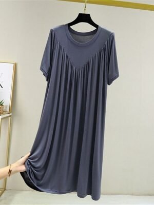 Casual Soft Pure Crew Neck Short Sleeve Summer Nightgown - Image 7