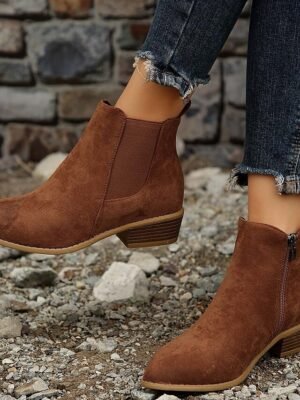 Casual Suede Ankle Chelsea Side Zipper Low Heel Boots - Image 15