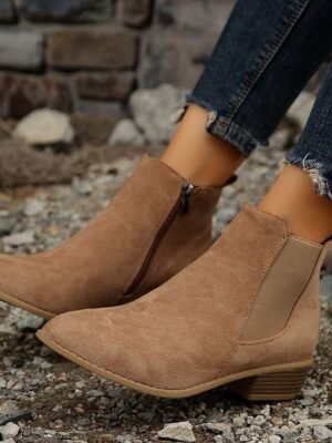 Casual Suede Ankle Chelsea Side Zipper Low Heel Boots - Image 3