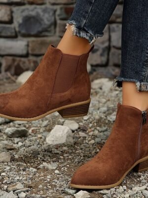Casual Suede Ankle Chelsea Side Zipper Low Heel Boots - Image 6