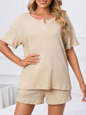 Casual Tailored Fit Pure Colour V Neck Short Sleeve Summer Loungewear Set - Image 1