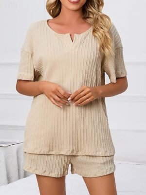 Casual Tailored Fit Pure Colour V Neck Short Sleeve Summer Loungewear Set - Image 2