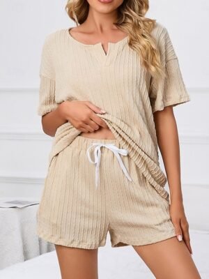 Casual Tailored Fit Pure Colour V Neck Short Sleeve Summer Loungewear Set - Image 3