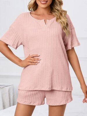 Casual Tailored Fit Pure Colour V Neck Short Sleeve Summer Loungewear Set - Image 7