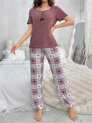 Casual Tailored Plaid Crew Neck Short Sleeve Summer Pajama Set - Image 2