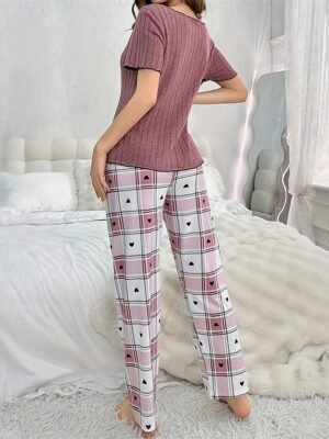 Casual Tailored Plaid Crew Neck Short Sleeve Summer Pajama Set - Image 4