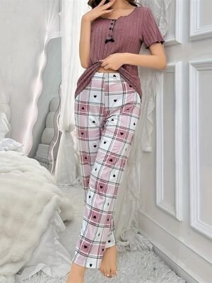 Casual Tailored Plaid Crew Neck Short Sleeve Summer Pajama Set - Image 5