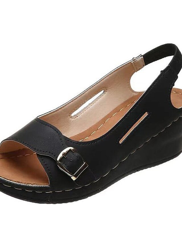 Casual Wedge Heel Black Open-Toe Buckle Strap Sandals - Image 2