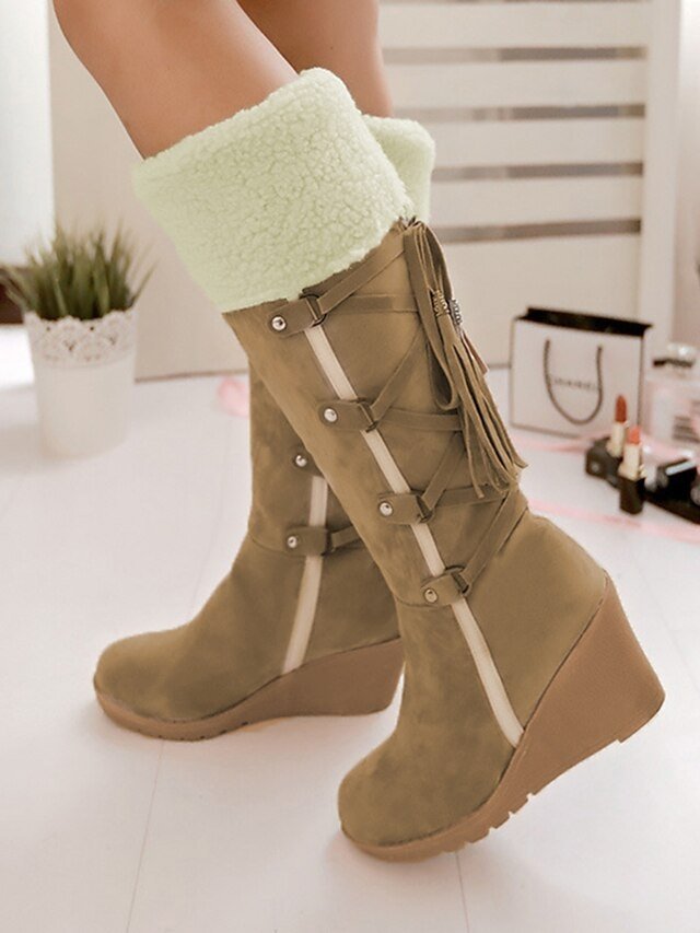 Casual Wedge Heel Colour Block Round Toe Knee High Boots - Image 1