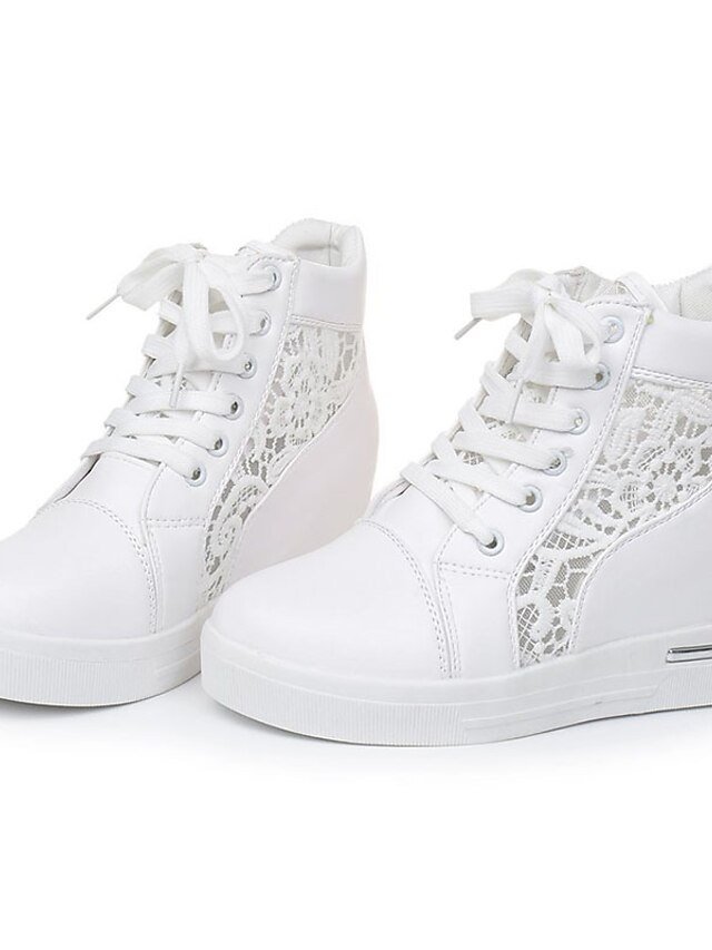 Casual Wedge Lace Panel Round Toe High-Top Sneakers - Image 10