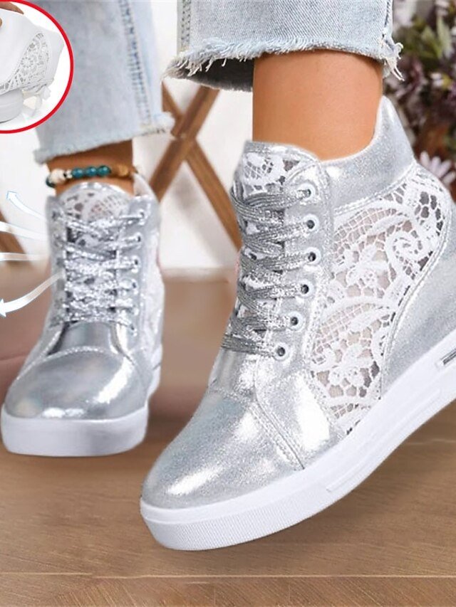 Casual Wedge Lace Panel Round Toe High-Top Sneakers - Image 11