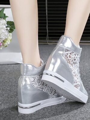 Casual Wedge Lace Panel Round Toe High-Top Sneakers - Image 12