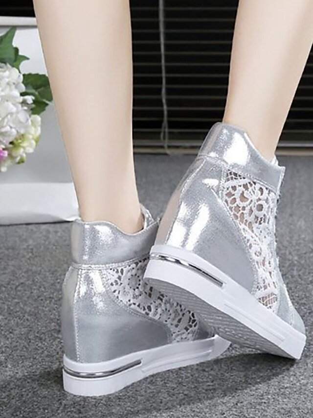 Casual Wedge Lace Panel Round Toe High-Top Sneakers - Image 12