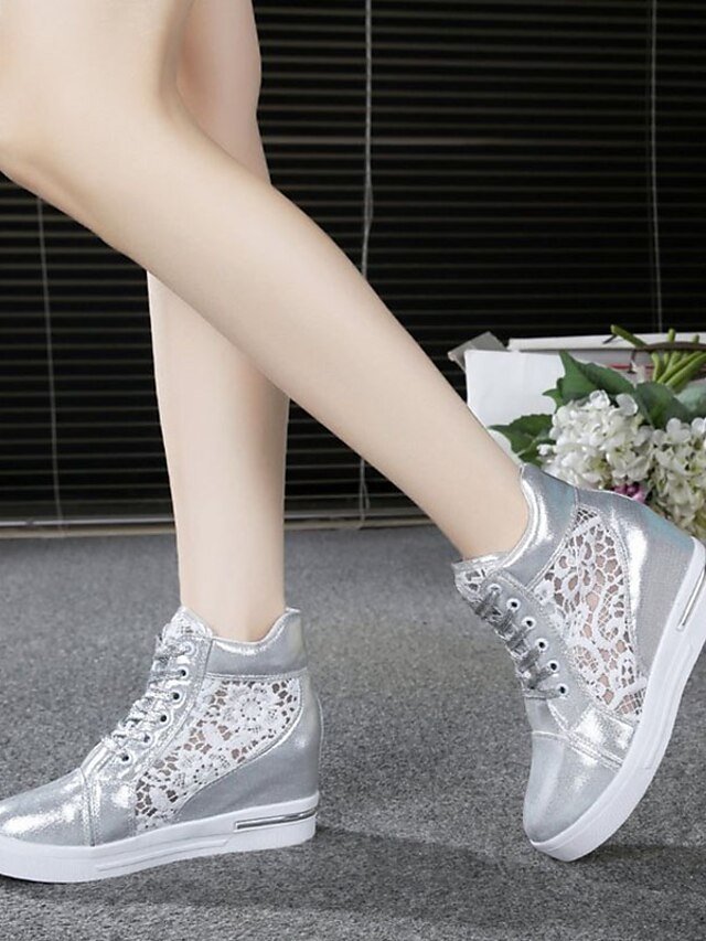 Casual Wedge Lace Panel Round Toe High-Top Sneakers - Image 13
