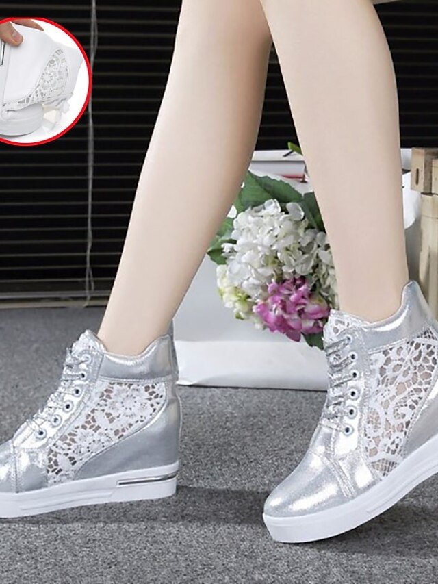 Casual Wedge Lace Panel Round Toe High-Top Sneakers - Image 14