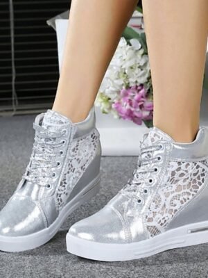 Casual Wedge Lace Panel Round Toe High-Top Sneakers - Image 15