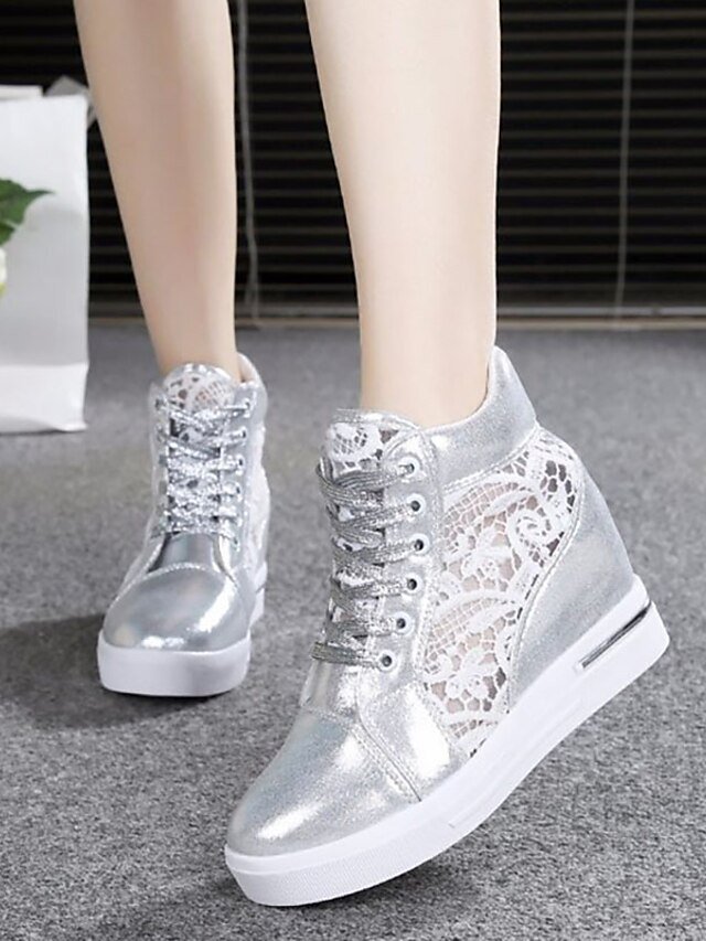 Casual Wedge Lace Panel Round Toe High-Top Sneakers - Image 16