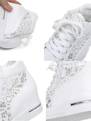 Casual Wedge Lace Panel Round Toe High-Top Sneakers - Image 3