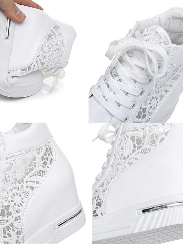 Casual Wedge Lace Panel Round Toe High-Top Sneakers - Image 3