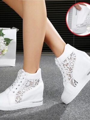 Casual Wedge Lace Panel Round Toe High-Top Sneakers - Image 4