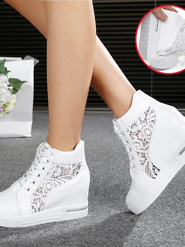 Casual Wedge Lace Panel Round Toe High-Top Sneakers - Image 4