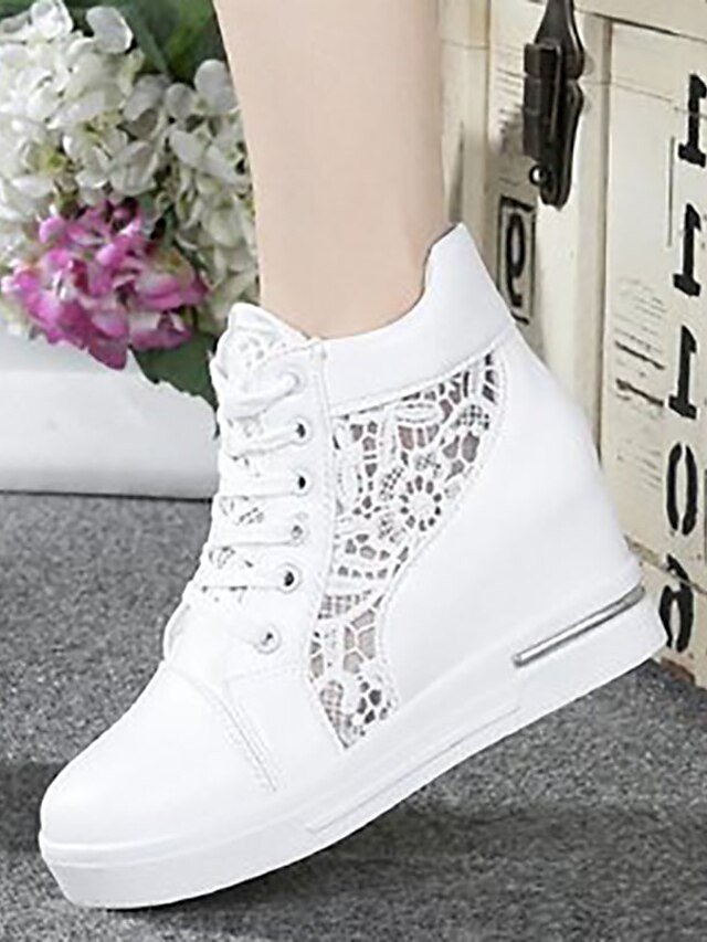 Casual Wedge Lace Panel Round Toe High-Top Sneakers - Image 5