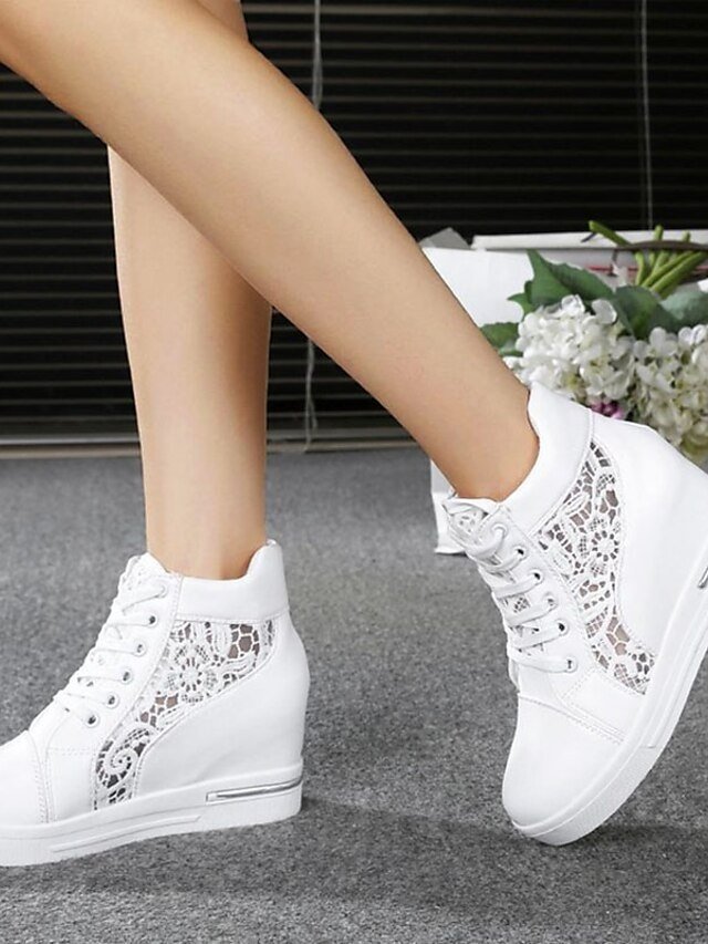 Casual Wedge Lace Panel Round Toe High-Top Sneakers - Image 6