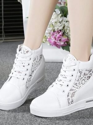 Casual Wedge Lace Panel Round Toe High-Top Sneakers - Image 7