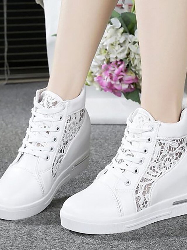Casual Wedge Lace Panel Round Toe High-Top Sneakers - Image 7