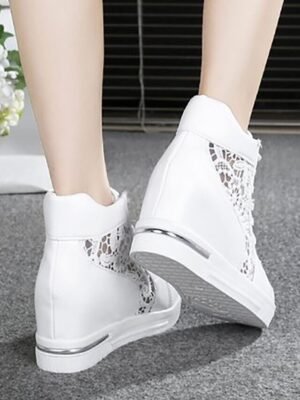 Casual Wedge Lace Panel Round Toe High-Top Sneakers - Image 8