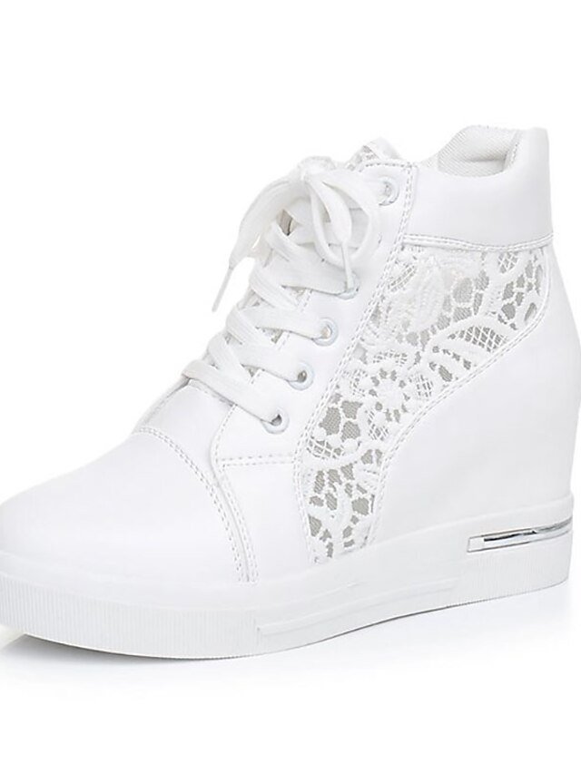 Casual Wedge Lace Panel Round Toe High-Top Sneakers - Image 9