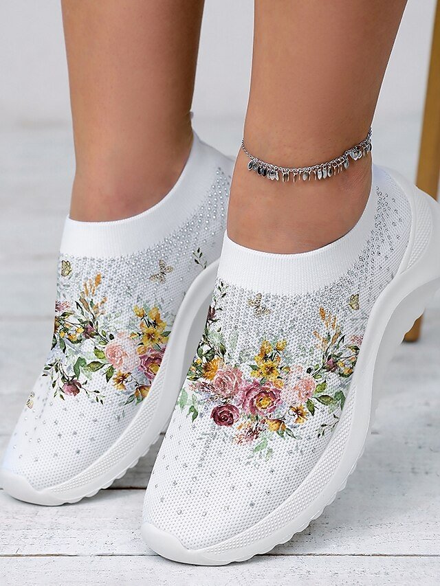 Casual White Floral Knit Slip-On Sneakers - Image 1