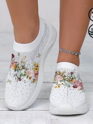 Casual White Floral Knit Slip-On Sneakers - Image 2