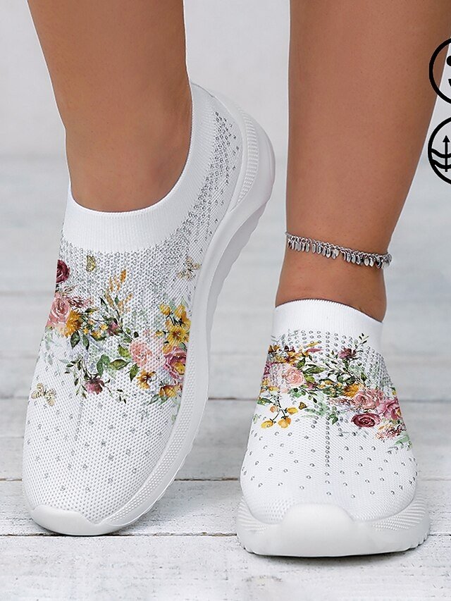 Casual White Floral Knit Slip-On Sneakers - Image 2