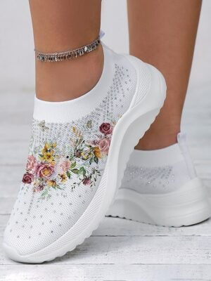 Casual White Floral Knit Slip-On Sneakers - Image 3