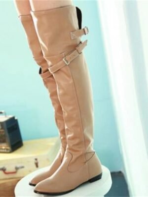 Chic Casual Beige Over-the-Knee Round Toe Flat Boots - Image 4