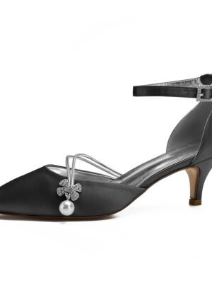 Chic Dark Blue Satin Kitten Heels with Pearl Charm - Image 7