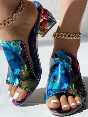 Chic Slip-On White Croc-Embossed Open-Toe Block Heel Sandals - Image 9