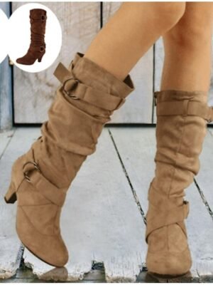 Chic Suede Slouchy Double Buckle Mid-Calf Stiletto Boots - Image 1