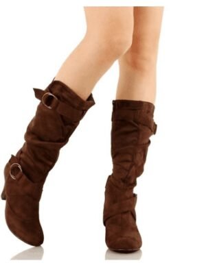 Chic Suede Slouchy Double Buckle Mid-Calf Stiletto Boots - Image 4