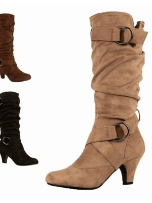 Chic Suede Slouchy Double Buckle Mid-Calf Stiletto Boots - Image 5
