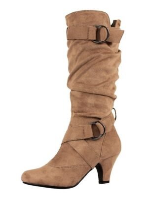 Chic Suede Slouchy Double Buckle Mid-Calf Stiletto Boots - Image 6