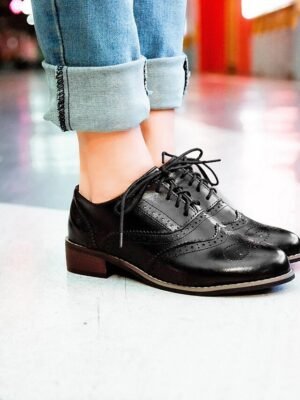 Classic Brogue Wingtip Round Toe Lace-Up Faux Leather Shoes - Image 16