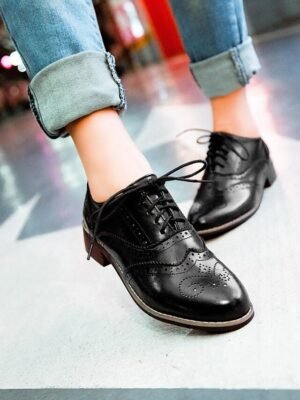 Classic Brogue Wingtip Round Toe Lace-Up Faux Leather Shoes - Image 17
