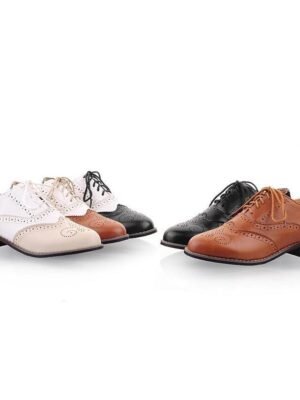 Classic Brogue Wingtip Round Toe Lace-Up Faux Leather Shoes - Image 19
